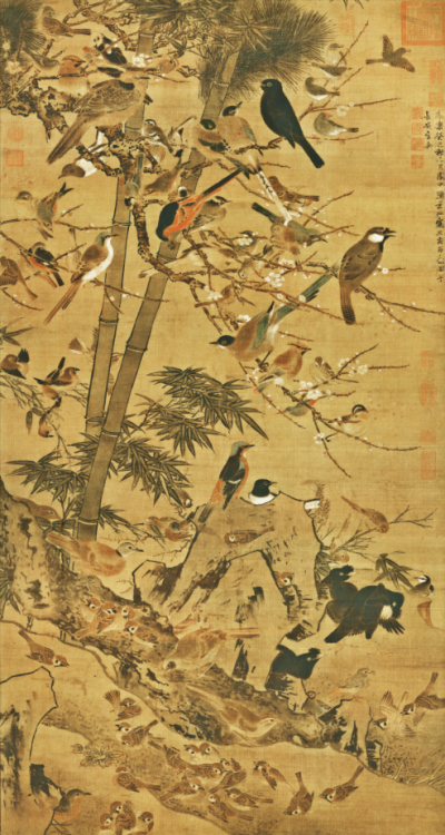 明 边景昭 三友百禽图绢本无损画质下载